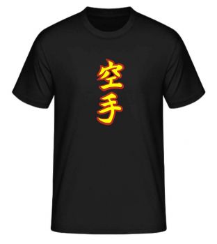 T-Shirt bedruckt mit Karate Schriftzeichen / Kanji in rot-gelb.